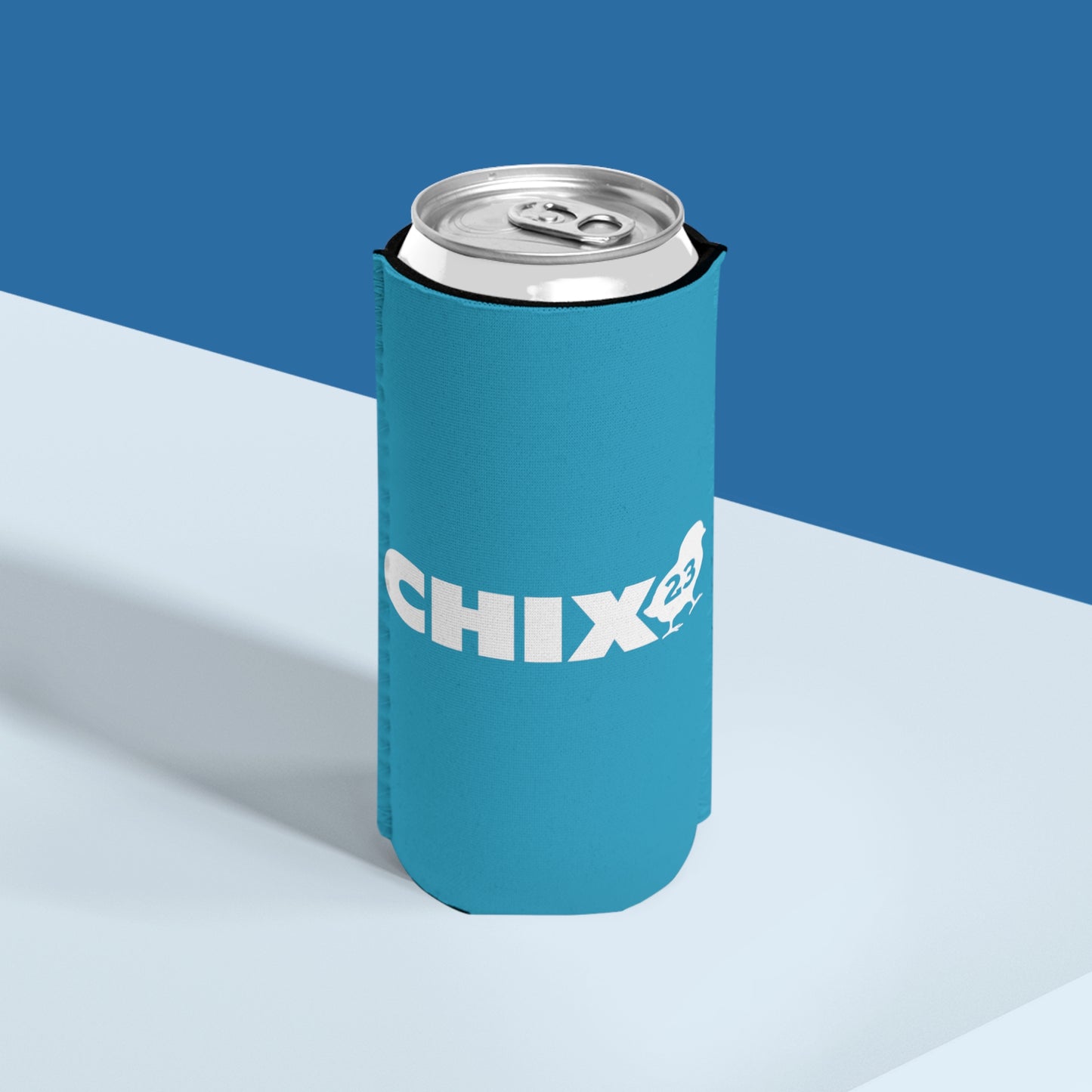 Slim Can Cooler - white on turquoise