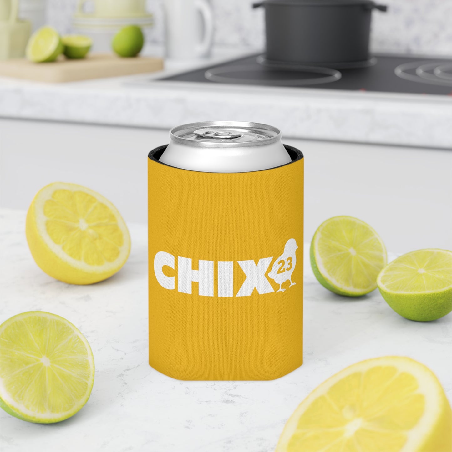Regular Can Cooler - white on yellow