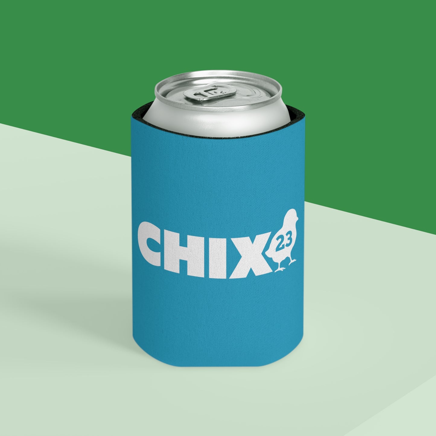 Regular Can Cooler - white on turquoise