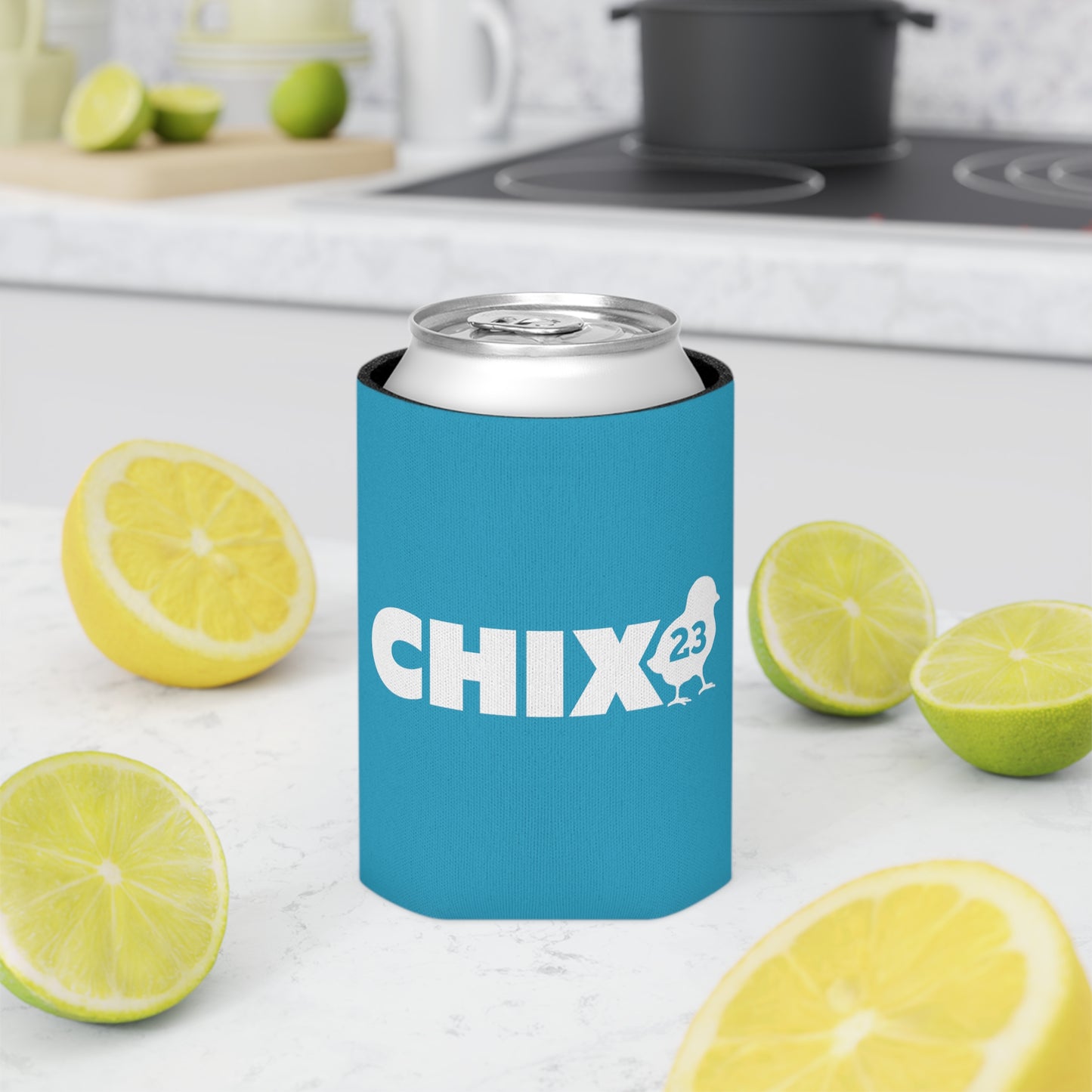 Regular Can Cooler - white on turquoise