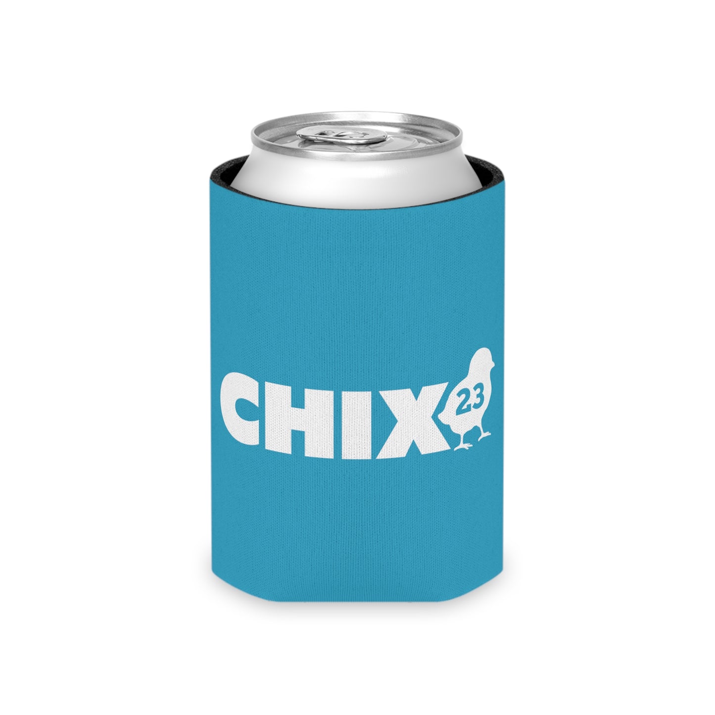 Regular Can Cooler - white on turquoise