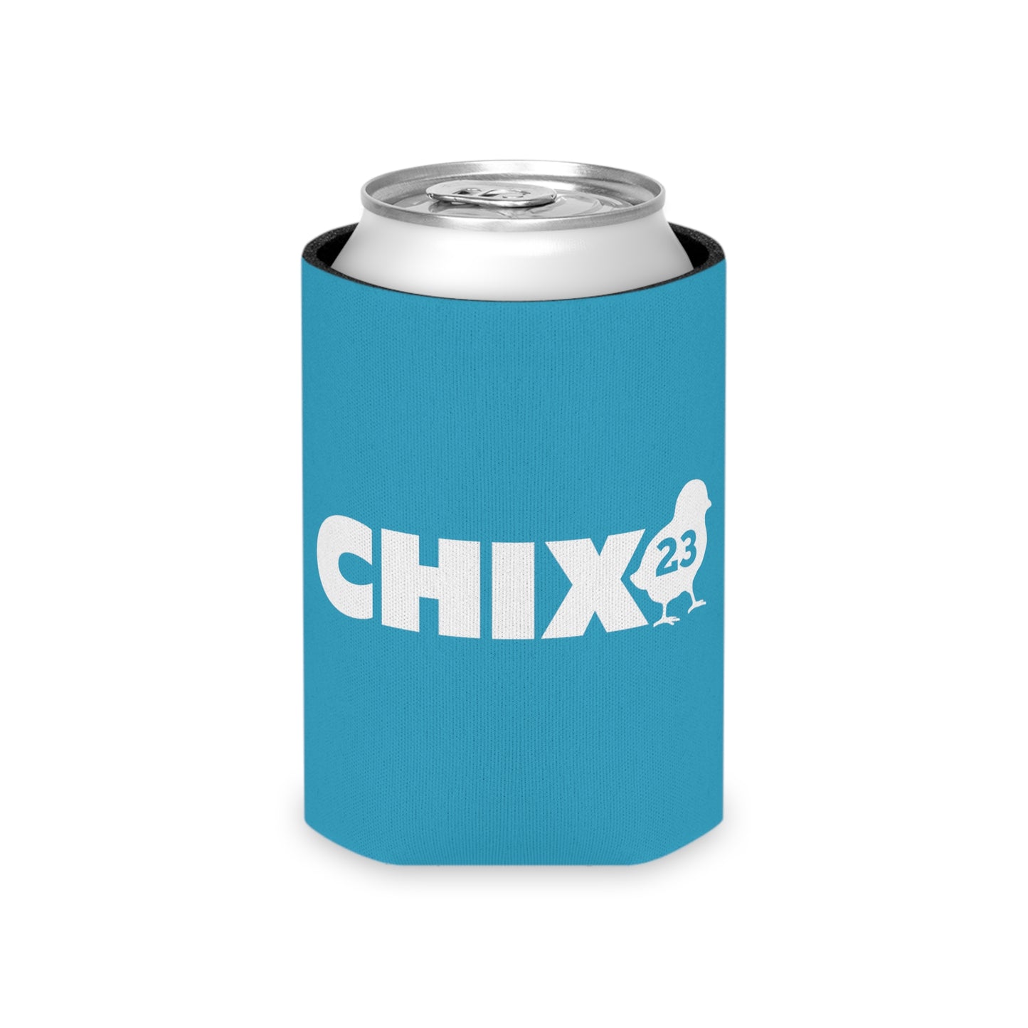 Regular Can Cooler - white on turquoise
