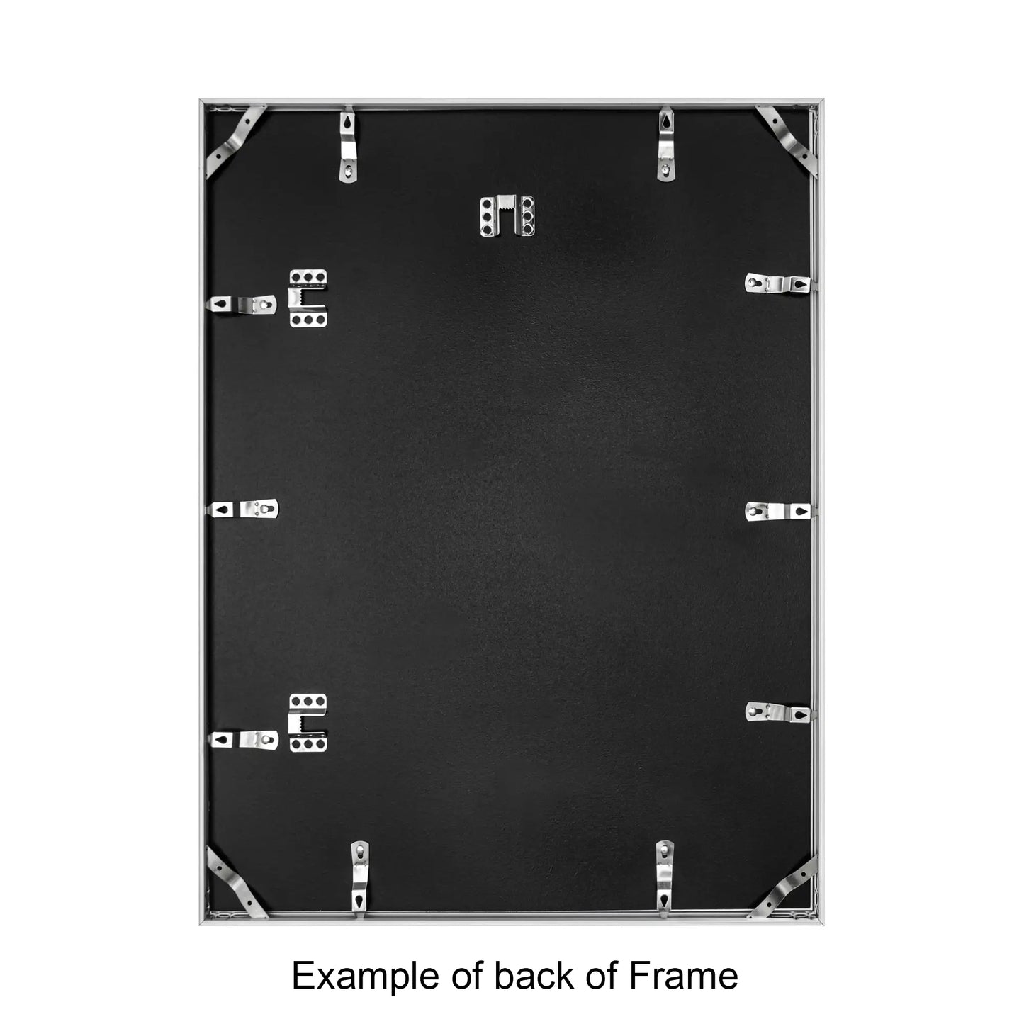 Back view of a black picture frame with metal