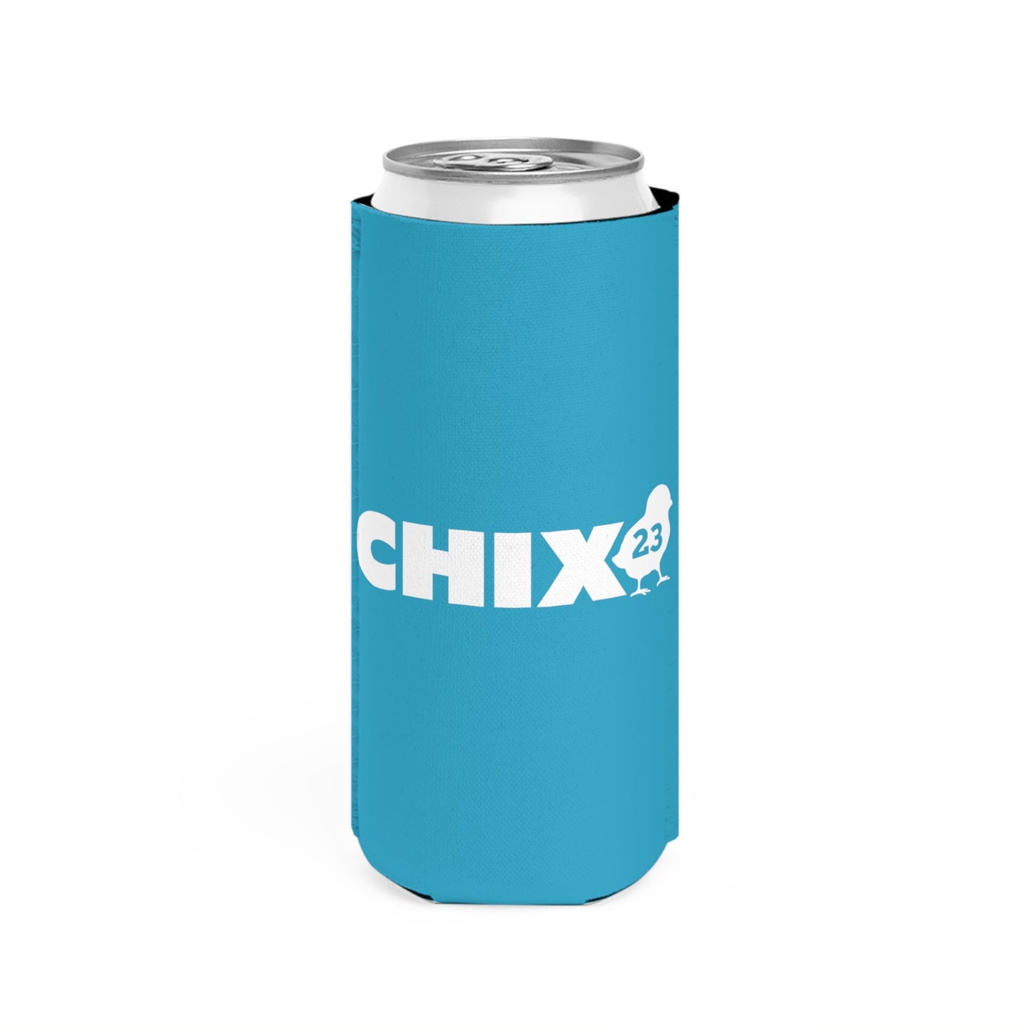 Slim Can Cooler - white on turquoise
