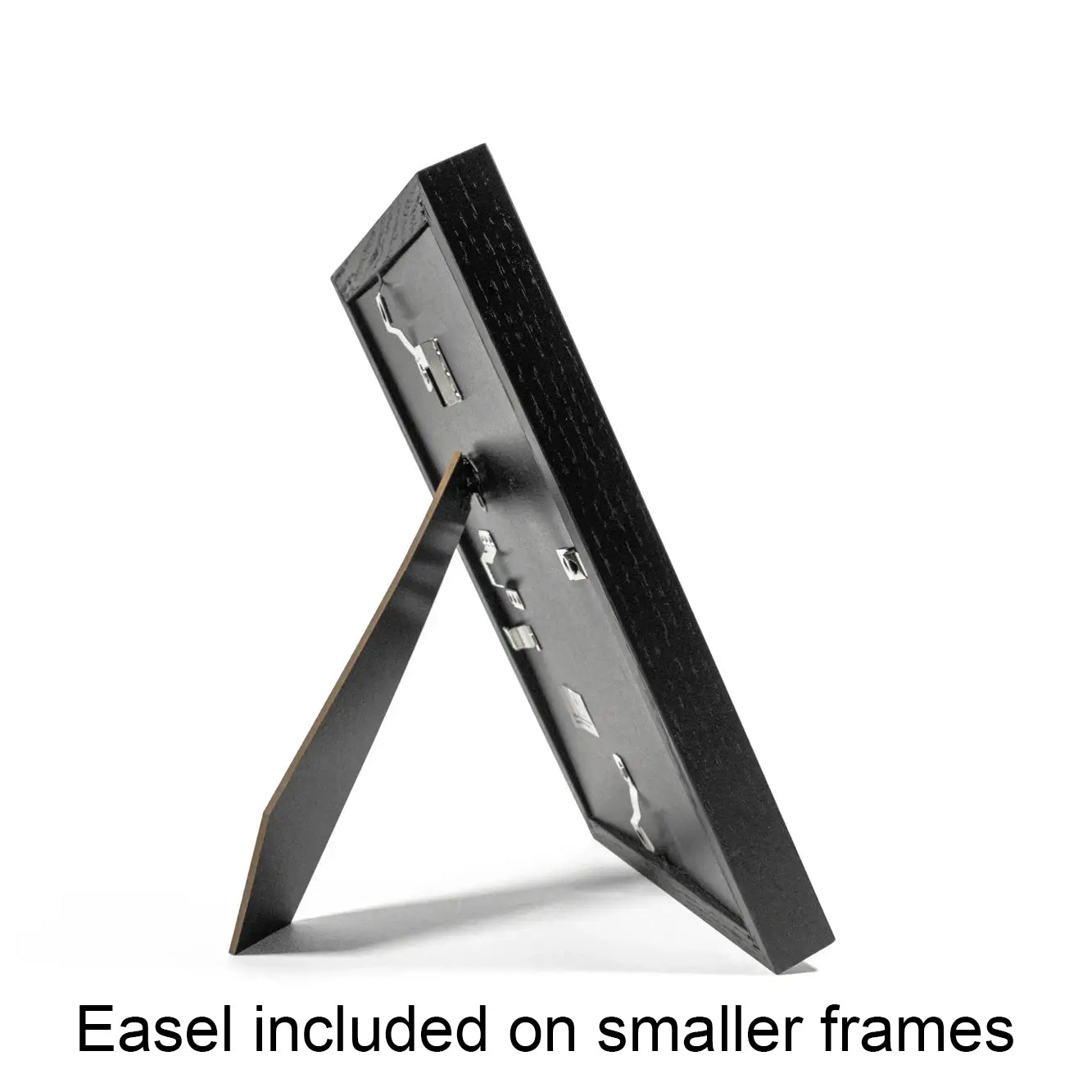 Black easel included on a smaller frame against a white background