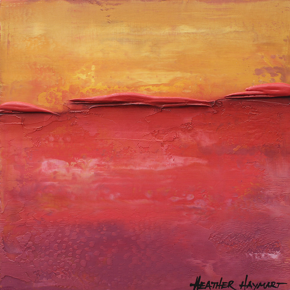"Afterglow" is a small abstract landscape painting with shades of yellow and hints of red in the top portion, shades of red and plum in the bottom portion and a metallic red raised ledge horizon line.