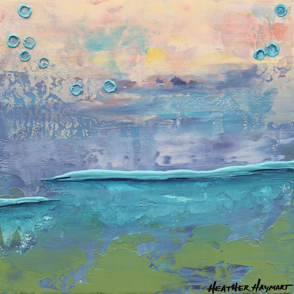 original abstract painting with shades of teal, blue and green