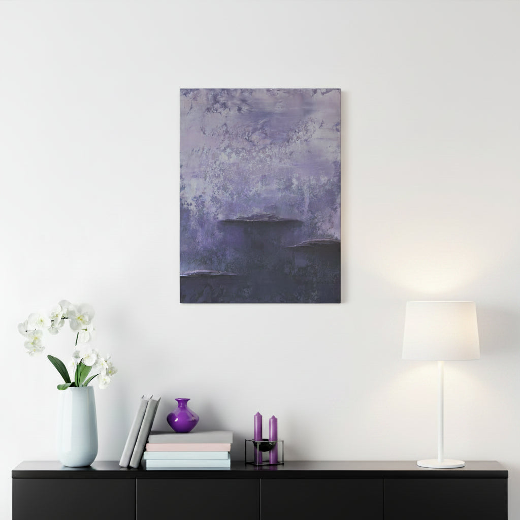 Abstract canvas print purple painting on a white wall above a shelf with decor items.