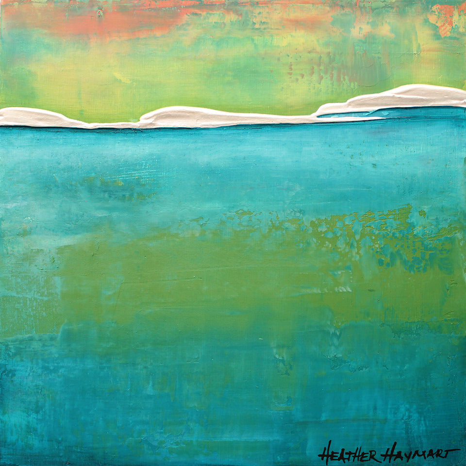 "Crosscurrent" is a small abstract landscape painting with shades of yellow, green, turquoise and hints of red-orange in the top portion, shades of green and turquoise in the bottom portion and a bright pearly white raised ledge horizon line.