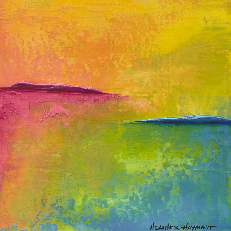 Daydreamy abstract artwork with shades of yellow-green, yellow, and orange in the top portion. One thick textured ledge is bright metallic pink with tiny sparkles and the other thick textured ledge is bright metallic blue with tiny sparkles. The bottom portion has darker shades of pink, orange, green, and blue.
