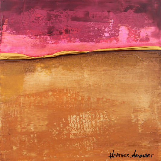"Golden Thread" is a small abstract landscape painting with shades of yellow and light warm brown in the bottom portion, shades of magenta, pink and plum in the top portion and a metallic gold raised ledge horizon line.