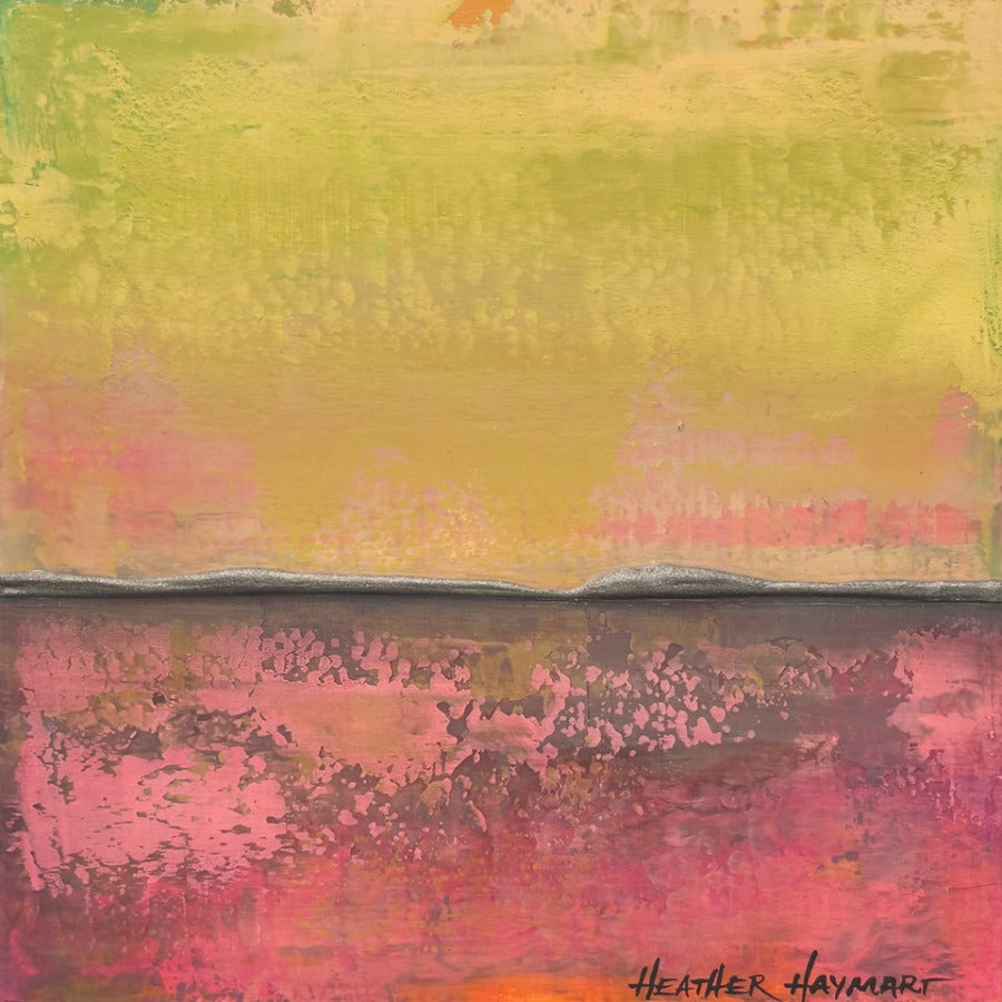 Intriguing is a small piece of art with shades of pink, yellow-green, soft yellow, and a pinch of orange in the top, and metallic gray ledge with charcoal pink, magenta and orange.