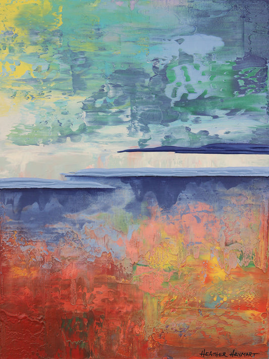 "Last Bits of Winter" is n original abstract texture painting with shades of yellow, teal, blue and green in the top portion. There is slight color in the white and gray middle section with metallic dark and light blue raised ledges. The bottom portion has shades of blue, pink, teal, yellow, orange and is predominantly red