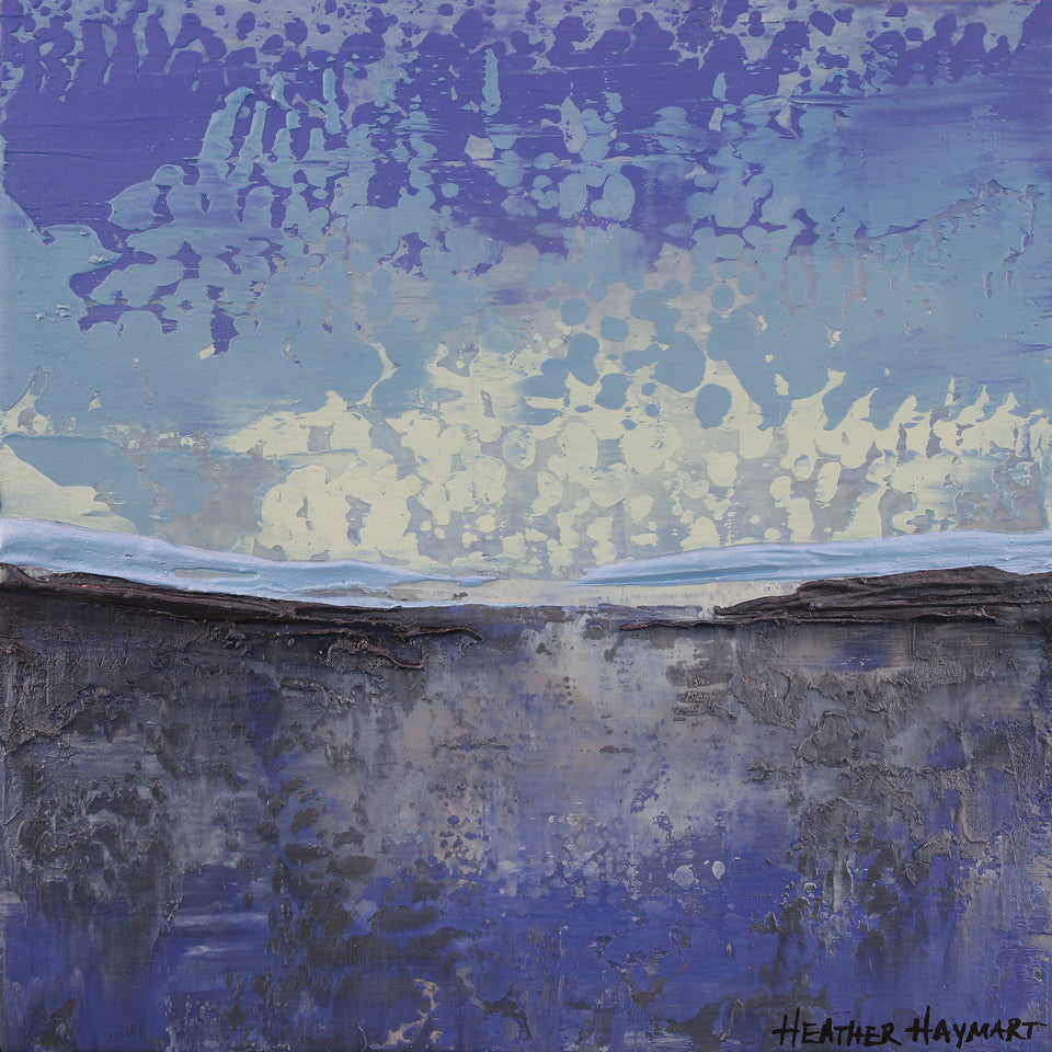 Abstract art piece with blue and charcoal tones by Heather Haymart