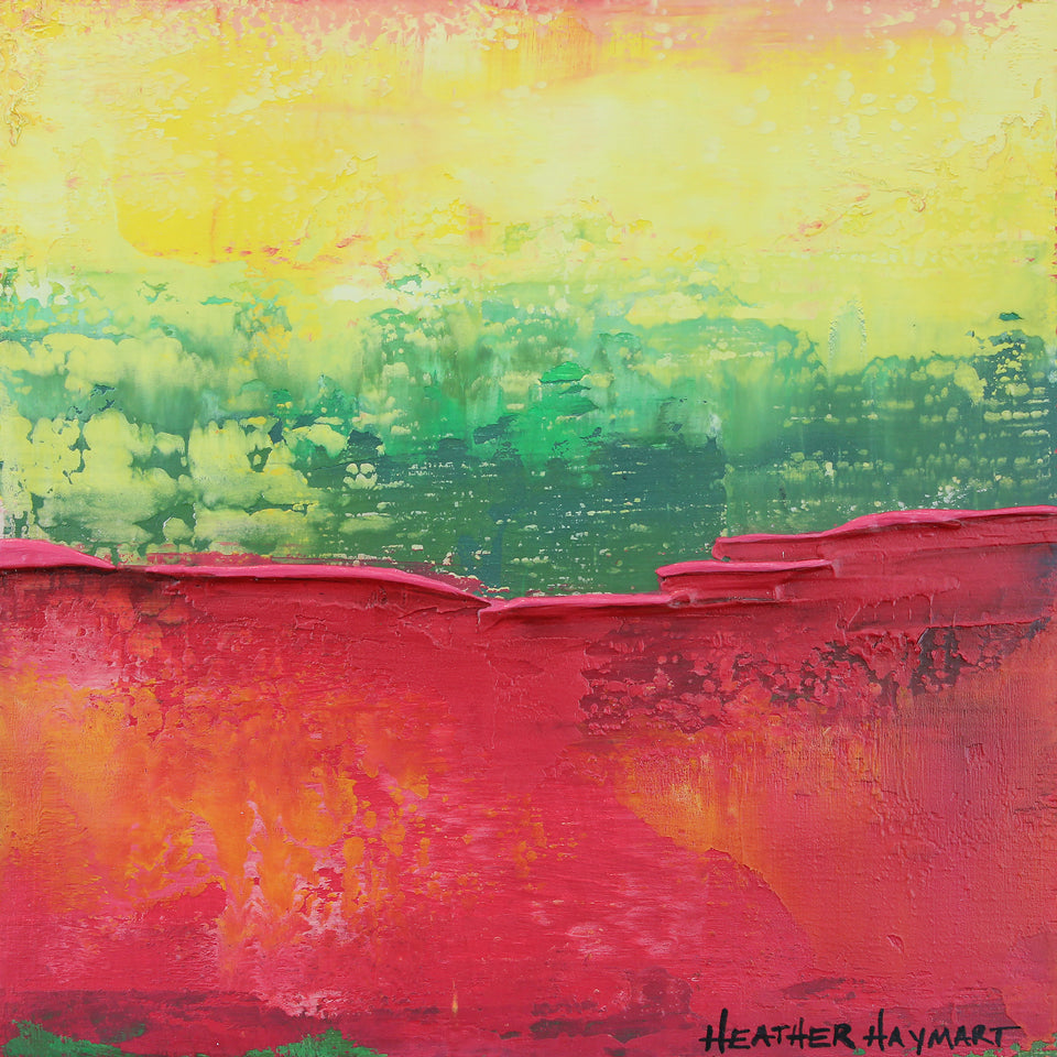Abstract art with raspberry red, yellow, and green colors