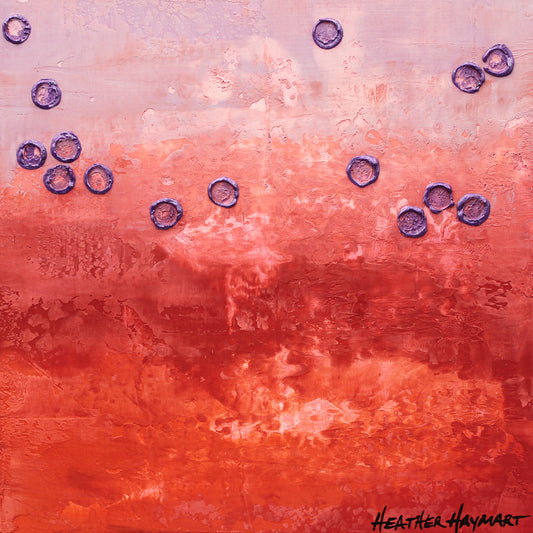 "Sparkle of Spring" is an intensely rich painting with shades of lavender, orange, red-orange and deep red with raised violet circles that have glittery sparkles on them.