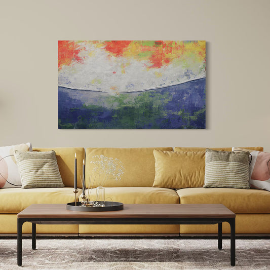 Living room with a yellow sofa, wooden coffee table, and colorful abstract painting on the wall.