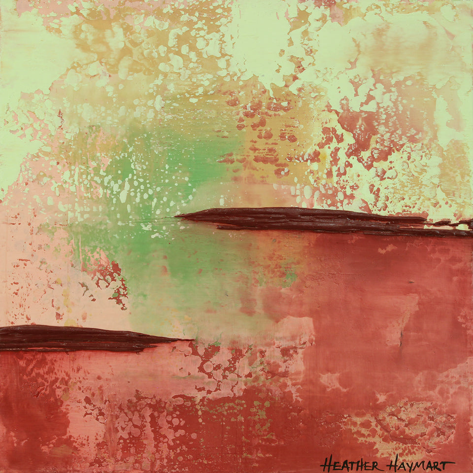 Abstract art piece with a gradient of pink, green, and tan by Heather Haymart.