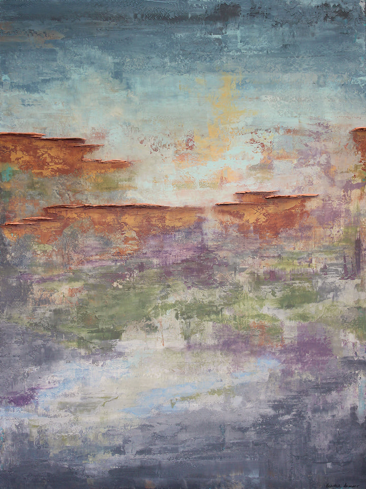 Abstract wall art with shades of charcoal gray, blue, violet, rust, white, green, with metallic copper ledges