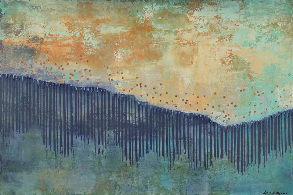 Abstract wall art with dark blue, turquoise and tan texture painting