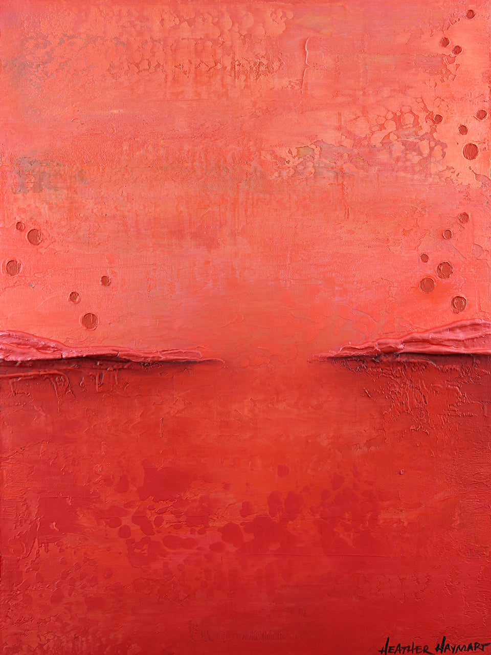 rainbow series red, abstract shades of red with light red on top, dark red on bottom, metallic red ledges and recessed circles