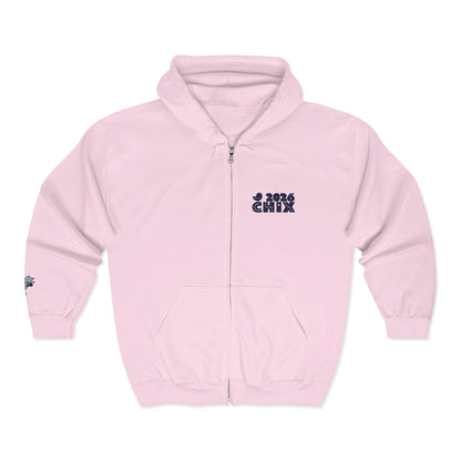 Chix 2026 Full-Zip Hoodie — embroidered dark logos on chest and wrist