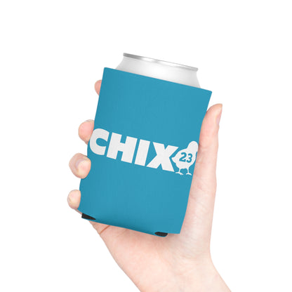Regular Can Cooler - white on turquoise