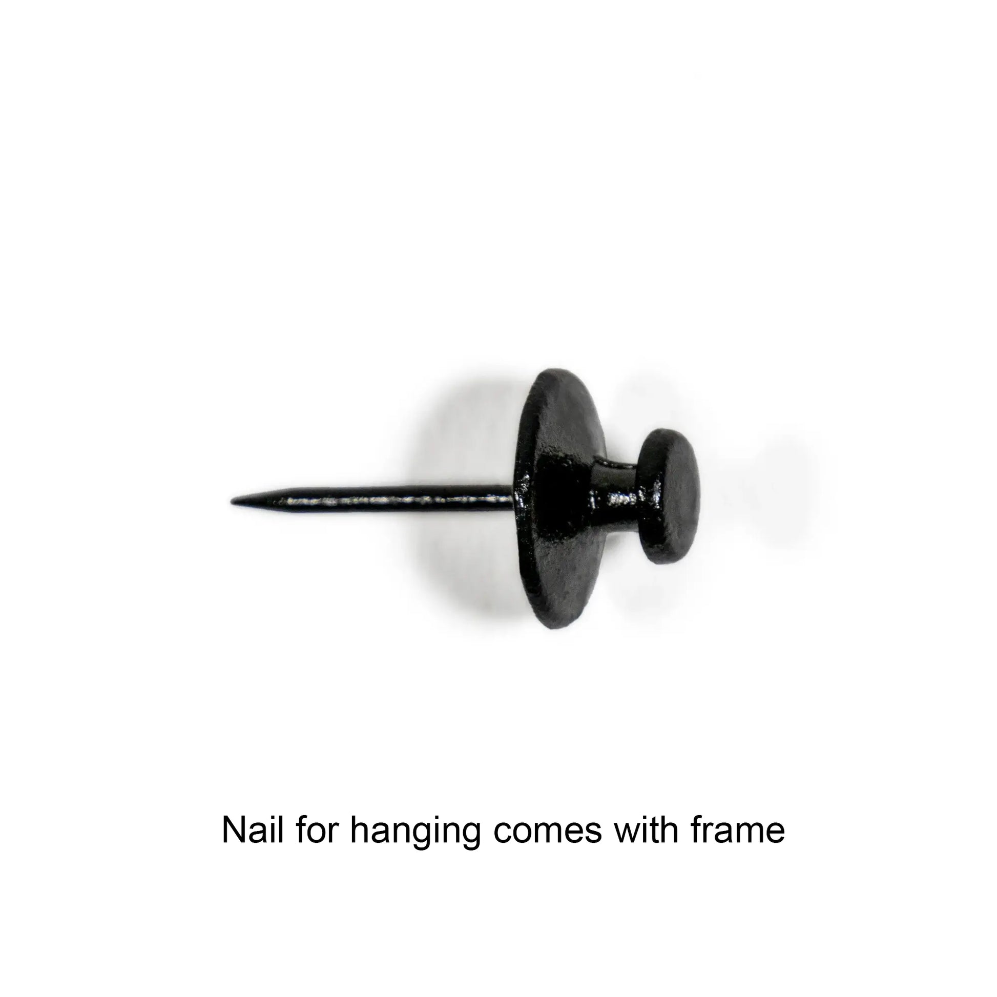 Black nail for hanging on a white background with text 'Nail for hanging comes with frame'.