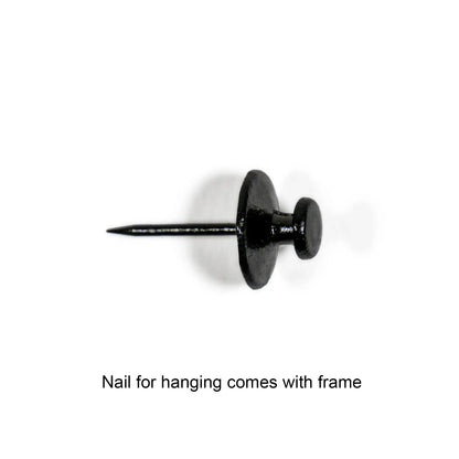 Black nail for hanging on a white background with text 'Nail for hanging comes with frame'.