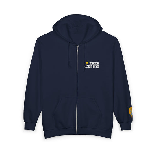 Chix 2026 Full-Zip Hoodie (fixed) — embroidered light logos on chest and wrist