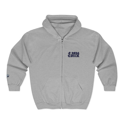 Chix 2026 Full-Zip Hoodie — embroidered dark logos on chest and wrist