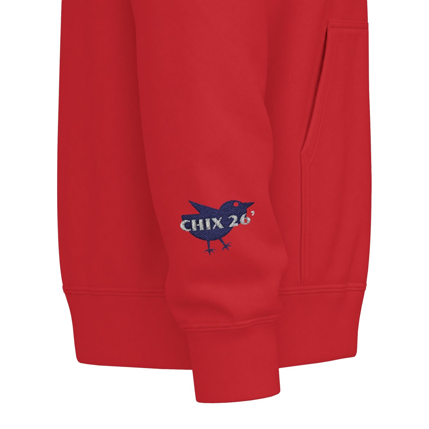 Chix 2026 Full-Zip Hoodie — embroidered dark logos on chest and wrist