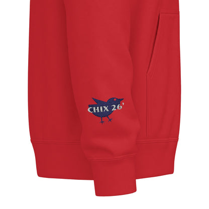 Chix 2026 Full-Zip Hoodie — embroidered dark logos on chest and wrist