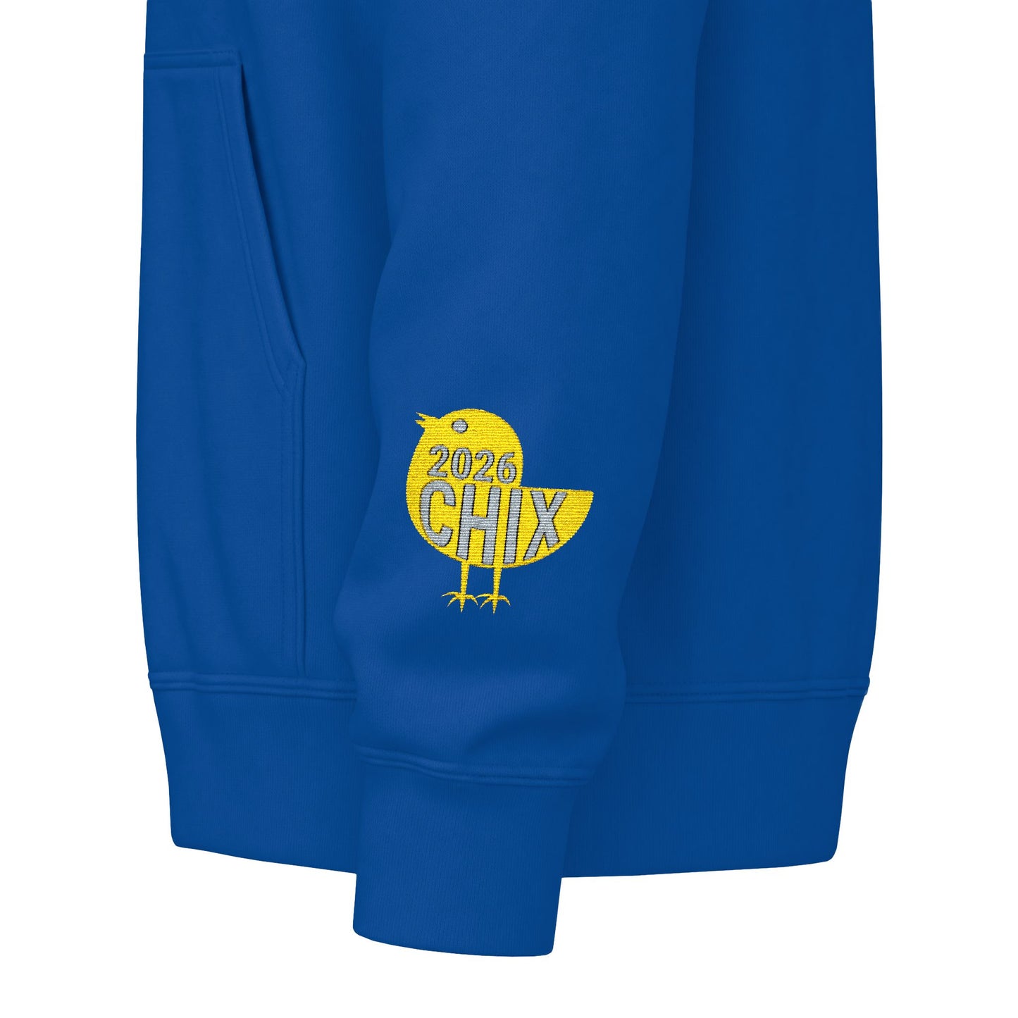 Chix 2026 Full-Zip Hoodie (fixed) — embroidered light logos on chest and wrist