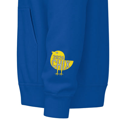 Chix 2026 Full-Zip Hoodie (fixed) — embroidered light logos on chest and wrist