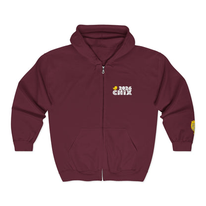 Chix 2026 Full-Zip Hoodie — embroidered light logos on chest and wrist