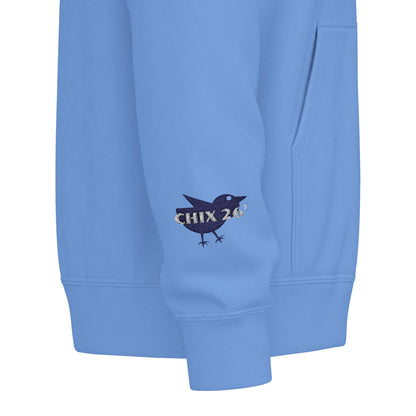 Chix 2026 Full-Zip Hoodie — embroidered dark logos on chest and wrist