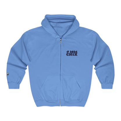 Chix 2026 Full-Zip Hoodie — embroidered dark logos on chest and wrist