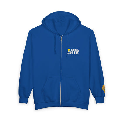 Chix 2026 Full-Zip Hoodie (fixed) — embroidered light logos on chest and wrist