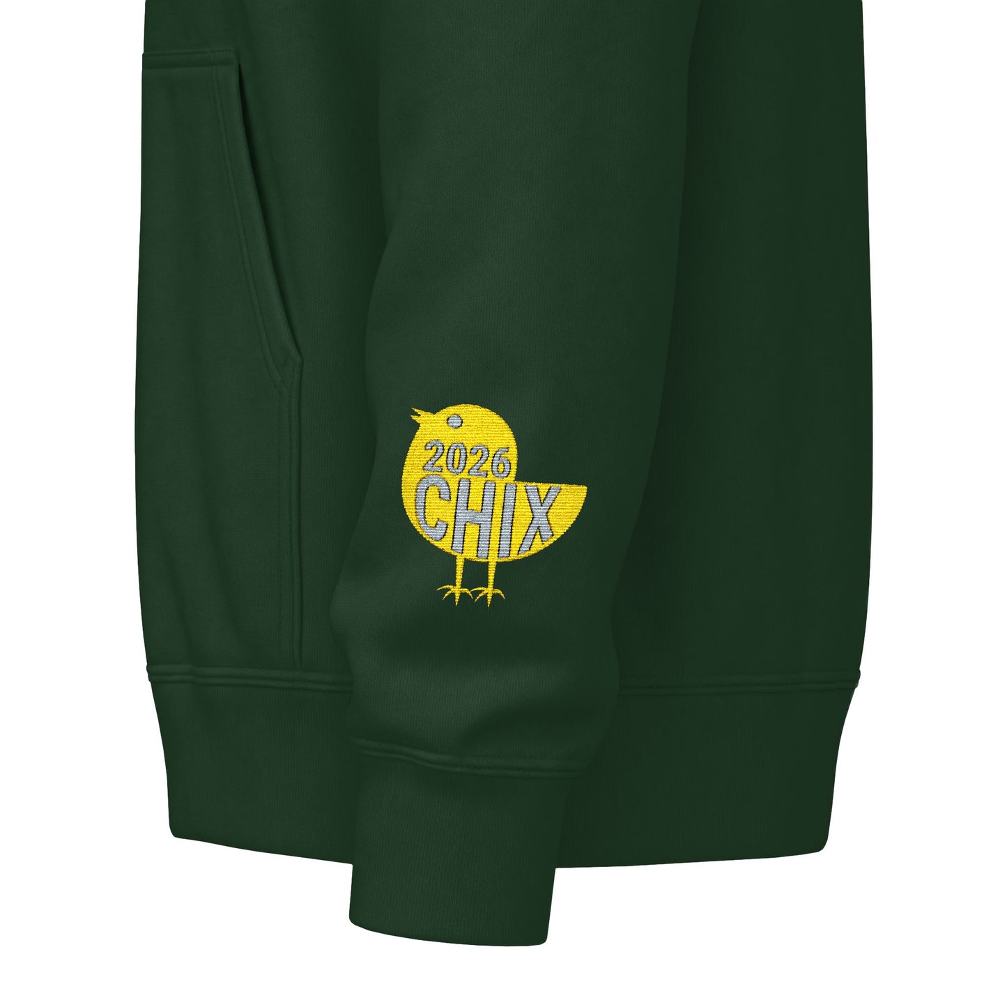 Chix 2026 Full-Zip Hoodie (fixed) — embroidered light logos on chest and wrist
