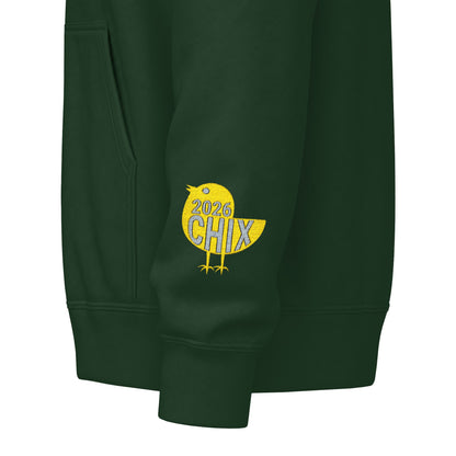Chix 2026 Full-Zip Hoodie (fixed) — embroidered light logos on chest and wrist