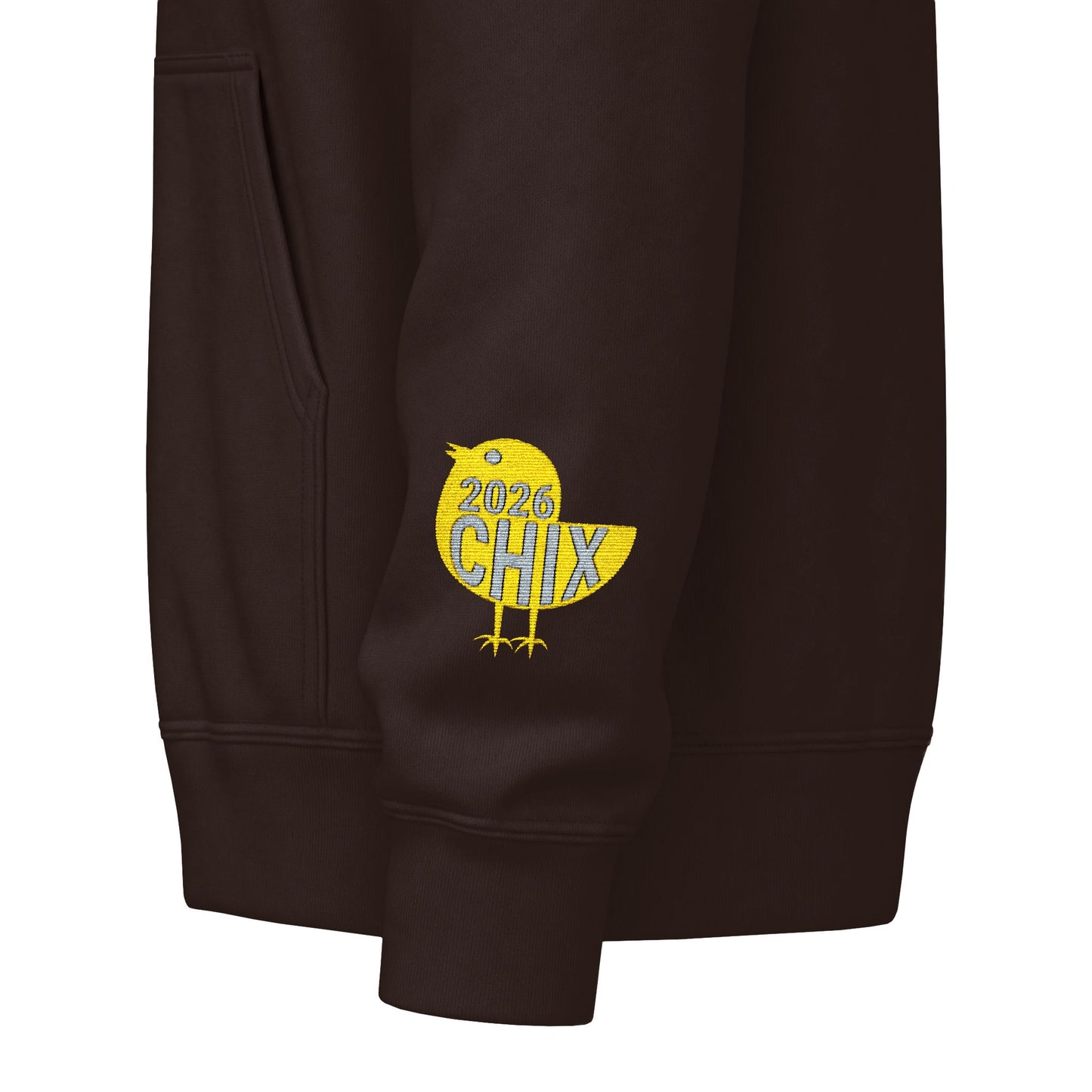 Chix 2026 Full-Zip Hoodie (fixed) — embroidered light logos on chest and wrist