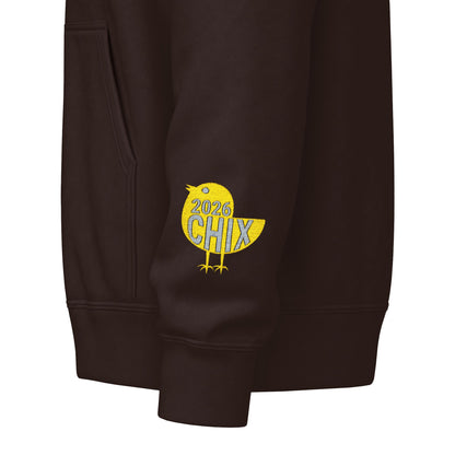 Chix 2026 Full-Zip Hoodie (fixed) — embroidered light logos on chest and wrist