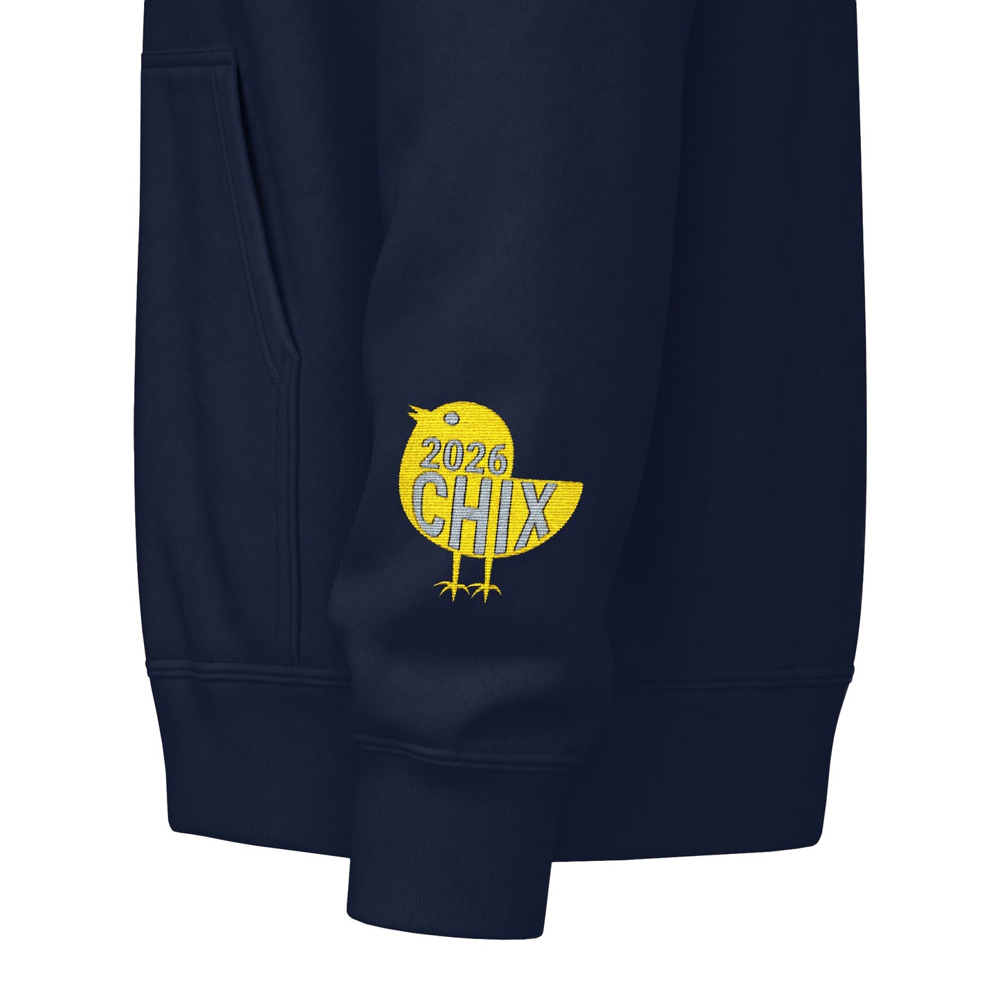 Chix 2026 Full-Zip Hoodie (fixed) — embroidered light logos on chest and wrist