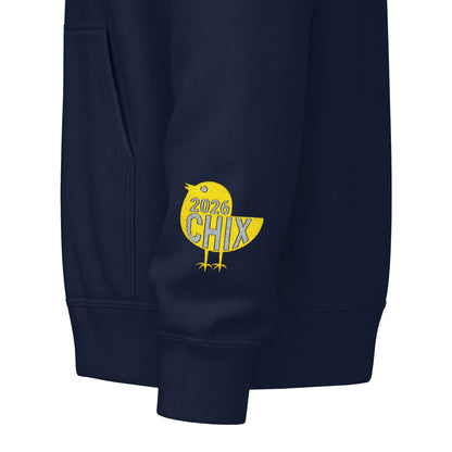 Chix 2026 Full-Zip Hoodie (fixed) — embroidered light logos on chest and wrist