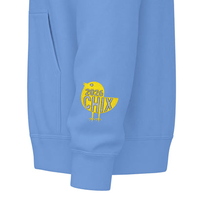 Chix 2026 Full-Zip Hoodie (fixed) — embroidered light logos on chest and wrist