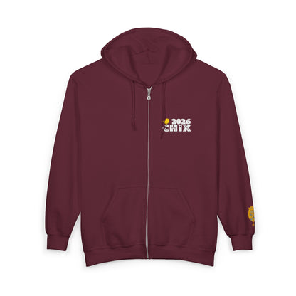 Chix 2026 Full-Zip Hoodie (fixed) — embroidered light logos on chest and wrist