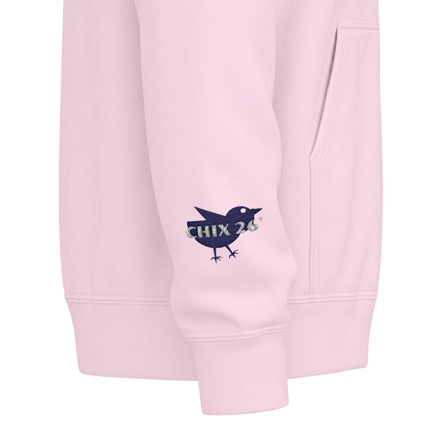 Chix 2026 Full-Zip Hoodie — embroidered dark logos on chest and wrist