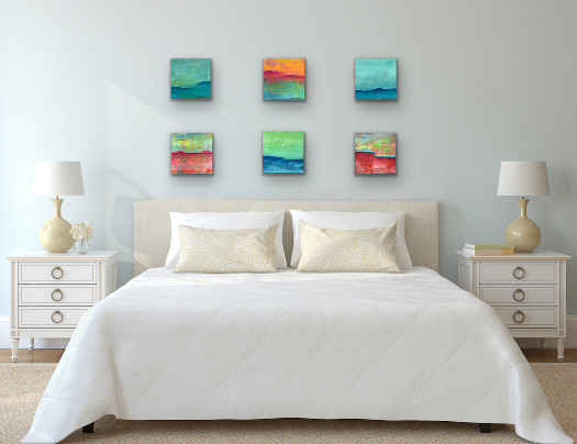 Six abstract texture paintings over the bed