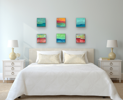 Six abstract texture paintings over the bed